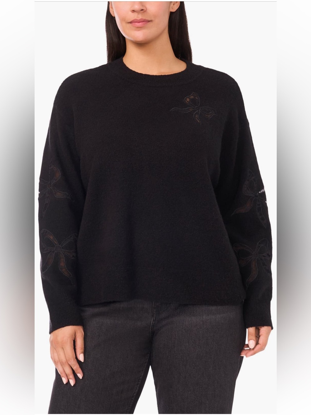 CeCe Black Crewneck Sweater with Tonal Bow Motifs • Size 1X • NWT - Picture 2 of 10